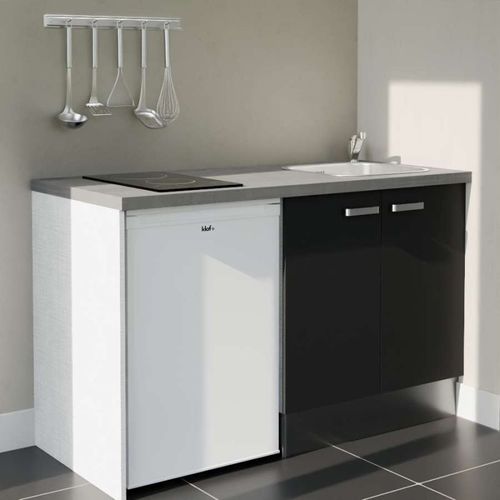 Kitchenette K17l-pt - 140 Cm-façade Noir-plan Gris Béton-evier Inox-crédences Non+electro Blanc
