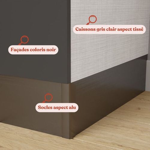 Kitchenette K17l-pt - 140 Cm-façade Noir-plan Gris Béton-evier Inox-crédences Non+electro Blanc