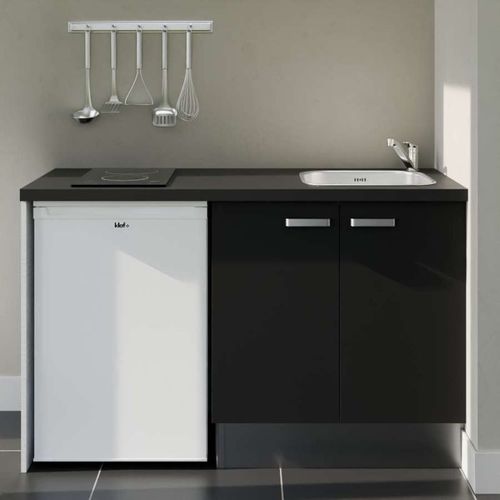 Kitchenette K17l-pt - 140 Cm-façade Noir-plan Noir Texturé-evier Inox-crédences Non+electro Blanc