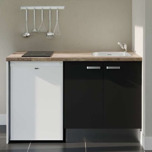 Kitchenette K17l-pt - 140 Cm-façade Noir-plan Bois-evier Inox-crédences Non+electro Blanc