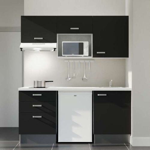 Kitchenette K20l-pt - 180 Cm-façade Noir-plan Blanc-evier Inox-crédences Non+electro Blanc