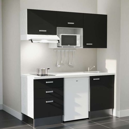 Kitchenette K20l-pt - 180 Cm-façade Noir-plan Blanc-evier Inox-crédences Non+electro Blanc