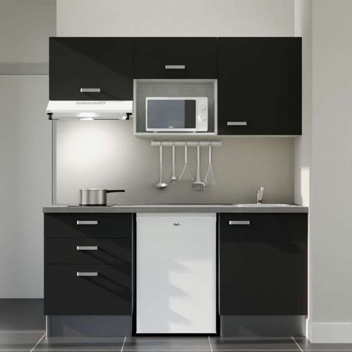 Kitchenette K20l-pt - 180 Cm-façade Noir-plan Gris Béton-evier Inox-crédences Non+electro Blanc