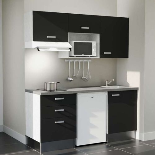 Kitchenette K20l-pt - 180 Cm-façade Noir-plan Gris Béton-evier Inox-crédences Non+electro Blanc