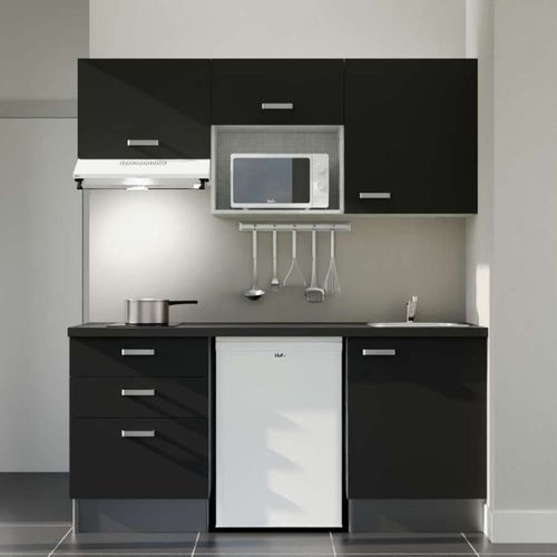 Kitchenette K20l-pt - 180 Cm-façade Noir-plan Noir Texturé-evier Inox-crédences Non+electro Blanc