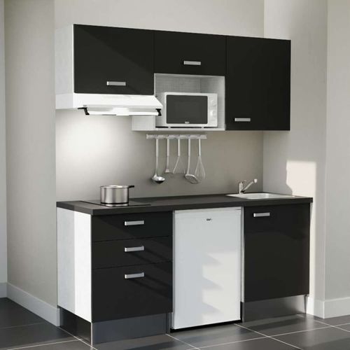 Kitchenette K20l-pt - 180 Cm-façade Noir-plan Noir Texturé-evier Inox-crédences Non+electro Blanc