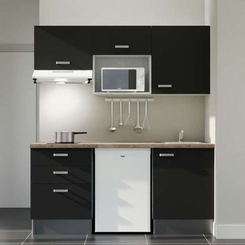 Kitchenette K20l-pt - 180 Cm-façade Noir-plan Bois-evier Inox-crédences Non+electro Blanc