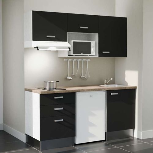 Kitchenette K20l-pt - 180 Cm-façade Noir-plan Bois-evier Inox-crédences Non+electro Blanc