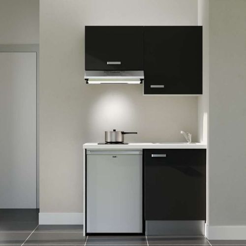 Kitchenette K01l-pt - 120 Cm-façade Noir-plan Blanc-evier Inox-crédences Non+electro Inox