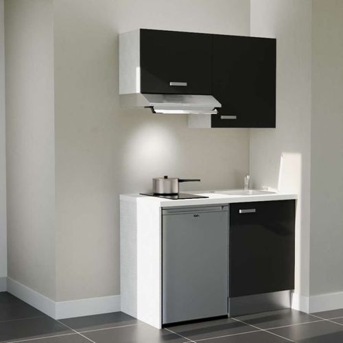 Kitchenette K01l-pt - 120 Cm-façade Noir-plan Blanc-evier Inox-crédences Non+electro Inox