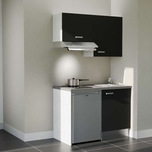 Kitchenette K01l-pt - 120 Cm-façade Noir-plan Gris Béton-evier Inox-crédences Non+electro Inox