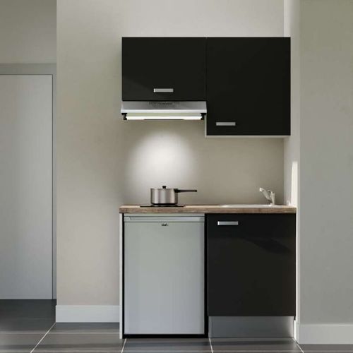 Kitchenette K01l-pt - 120 Cm-façade Noir-plan Bois-evier Inox-crédences Non+electro Inox