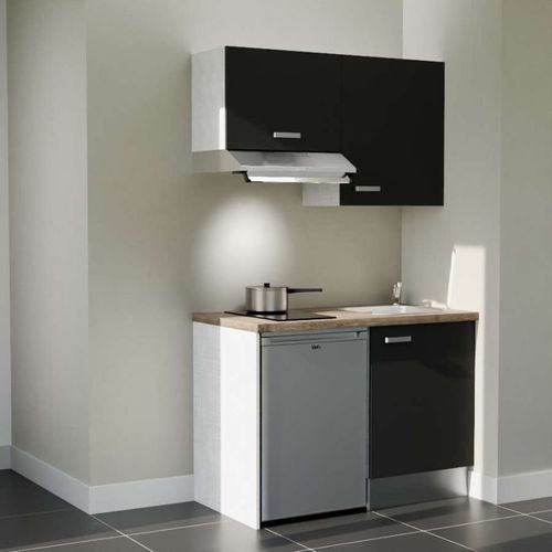 Kitchenette K01l-pt - 120 Cm-façade Noir-plan Bois-evier Inox-crédences Non+electro Inox