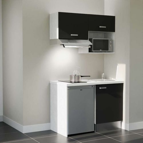 Kitchenette K02l-pt - 120 Cm-façade Noir-plan Blanc-evier Inox-crédences Non+electro Inox