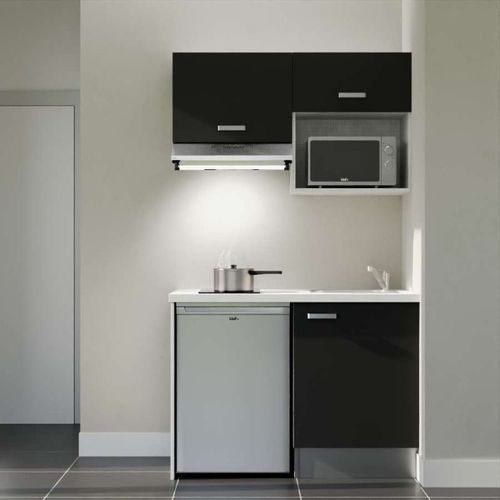 Kitchenette K02l-pt - 120 Cm-façade Noir-plan Blanc-evier Inox-crédences Non+electro Inox