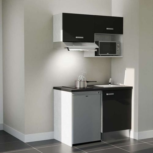 Kitchenette K02l-pt - 120 Cm-façade Noir-plan Noir Texturé-evier Inox-crédences Non+electro Inox