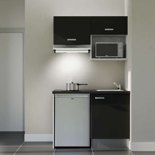 Kitchenette K02l-pt - 120 Cm-façade Noir-plan Noir Texturé-evier Inox-crédences Non+electro Inox