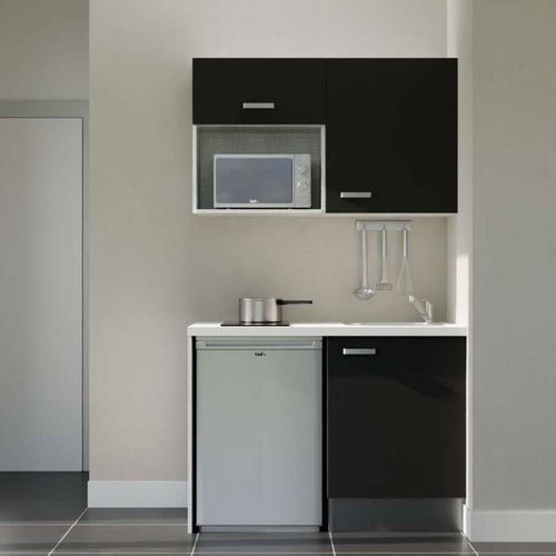 Kitchenette K07l-pt - 120 Cm-façade Noir-plan Blanc-evier Inox-crédences Non+electro Inox