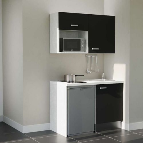 Kitchenette K07l-pt - 120 Cm-façade Noir-plan Blanc-evier Inox-crédences Non+electro Inox