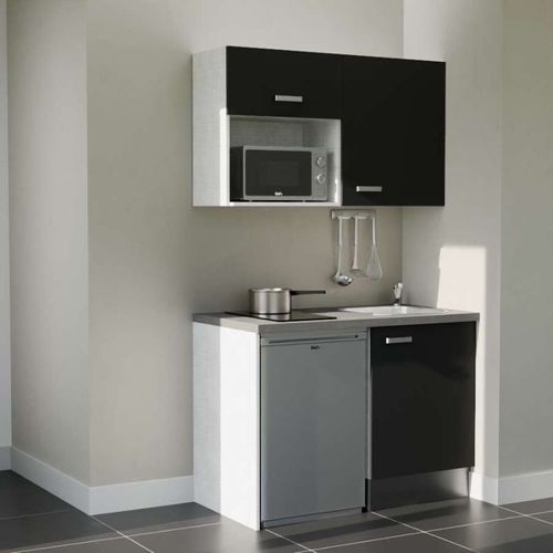 Kitchenette K07l-pt - 120 Cm-façade Noir-plan Gris Béton-evier Inox-crédences Non+electro Inox