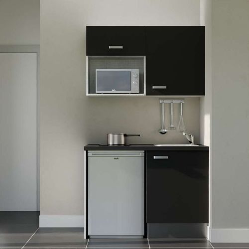 Kitchenette K07l-pt - 120 Cm-façade Noir-plan Noir Texturé-evier Inox-crédences Non+electro Inox