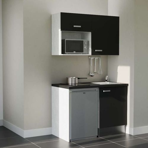 Kitchenette K07l-pt - 120 Cm-façade Noir-plan Noir Texturé-evier Inox-crédences Non+electro Inox