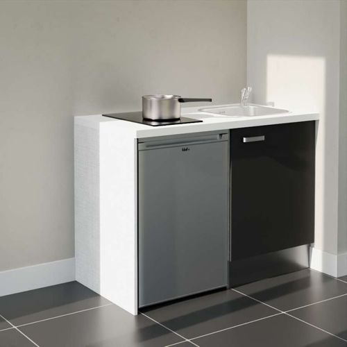 Kitchenette K08l-pt - 120 Cm-façade Noir-plan Blanc-evier Inox-crédences Non+electro Inox