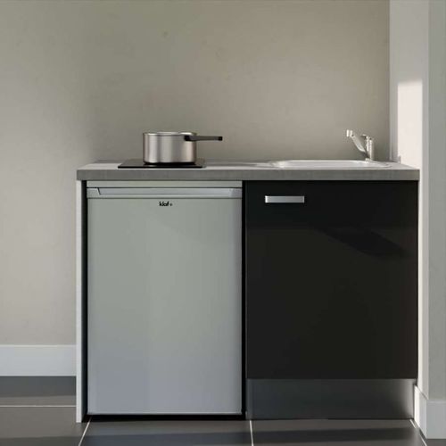 Kitchenette K08l-pt - 120 Cm-façade Noir-plan Gris Béton-evier Inox-crédences Non+electro Inox