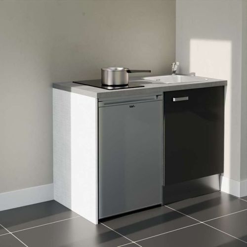 Kitchenette K08l-pt - 120 Cm-façade Noir-plan Gris Béton-evier Inox-crédences Non+electro Inox