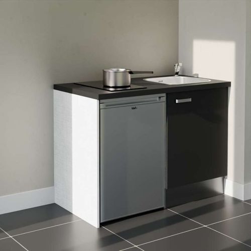 Kitchenette K08l-pt - 120 Cm-façade Noir-plan Noir Texturé-evier Inox-crédences Non+electro Inox