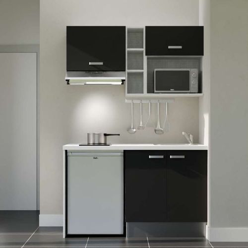 Kitchenette K13l-pt - 140 Cm-façade Noir-plan Blanc-evier Inox-crédences Non+electro Inox