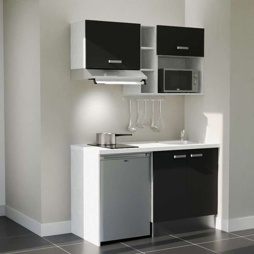 Kitchenette K13l-pt - 140 Cm-façade Noir-plan Blanc-evier Inox-crédences Non+electro Inox