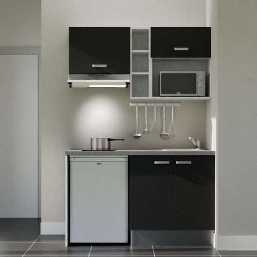 Kitchenette K13l-pt - 140 Cm-façade Noir-plan Gris Béton-evier Inox-crédences Non+electro Inox