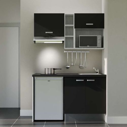 Kitchenette K13l-pt - 140 Cm-façade Noir-plan Noir Texturé-evier Inox-crédences Non+electro Inox