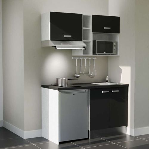 Kitchenette K13l-pt - 140 Cm-façade Noir-plan Noir Texturé-evier Inox-crédences Non+electro Inox