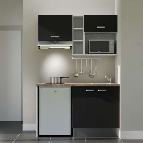 Kitchenette K13l-pt - 140 Cm-façade Noir-plan Bois-evier Inox-crédences Non+electro Inox