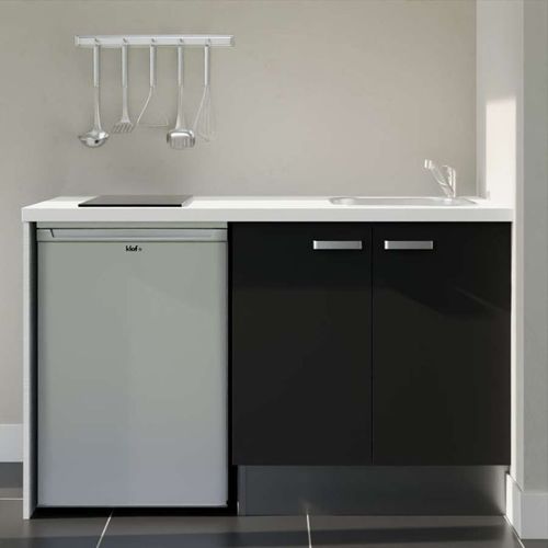Kitchenette K17l-pt - 140 Cm-façade Noir-plan Blanc-evier Inox-crédences Non+electro Inox