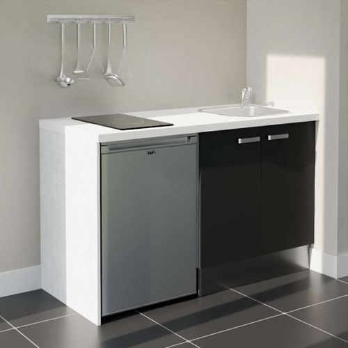 Kitchenette K17l-pt - 140 Cm-façade Noir-plan Blanc-evier Inox-crédences Non+electro Inox