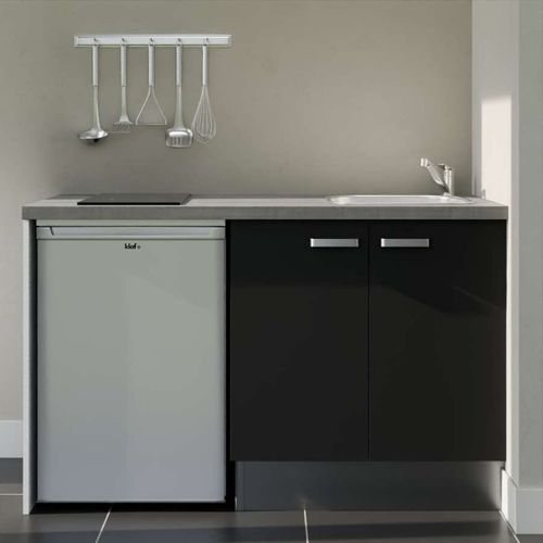 Kitchenette K17l-pt - 140 Cm-façade Noir-plan Gris Béton-evier Inox-crédences Non+electro Inox