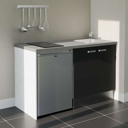 Kitchenette K17l-pt - 140 Cm-façade Noir-plan Gris Béton-evier Inox-crédences Non+electro Inox