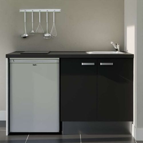 Kitchenette K17l-pt - 140 Cm-façade Noir-plan Noir Texturé-evier Inox-crédences Non+electro Inox