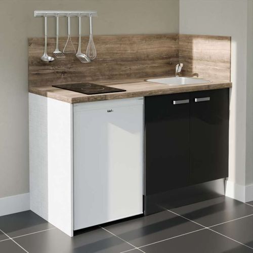 Kitchenette K17l-pt - 140 Cm-façade Noir-plan Bois-evier Inox-crédences Non+electro Inox