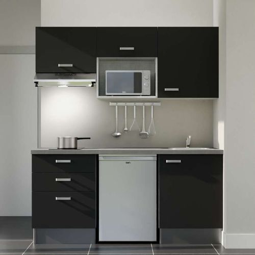 Kitchenette K20l-pt - 180 Cm-façade Noir-plan Gris Béton-evier Inox-crédences Non+electro Inox