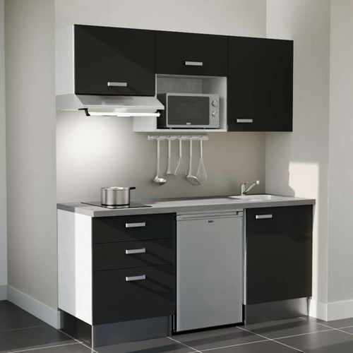 Kitchenette K20l-pt - 180 Cm-façade Noir-plan Gris Béton-evier Inox-crédences Non+electro Inox