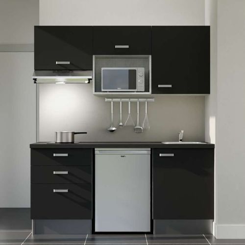 Kitchenette K20l-pt - 180 Cm-façade Noir-plan Noir Texturé-evier Inox-crédences Non+electro Inox