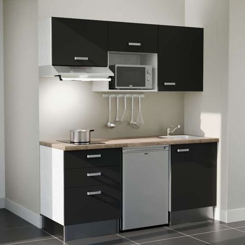 Kitchenette K20l-pt - 180 Cm-façade Noir-plan Bois-evier Inox-crédences Non+electro Inox