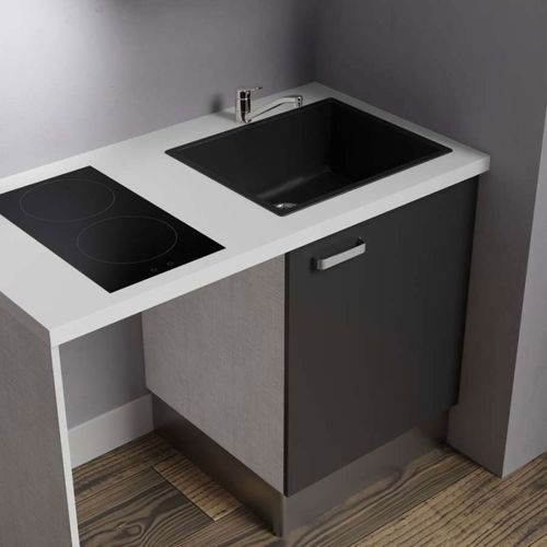 Kitchenette K02l-pt - 120 Cm Avec Plan De Travail Et Évier - Façade Noir - Plan Blanc - Evier Noir