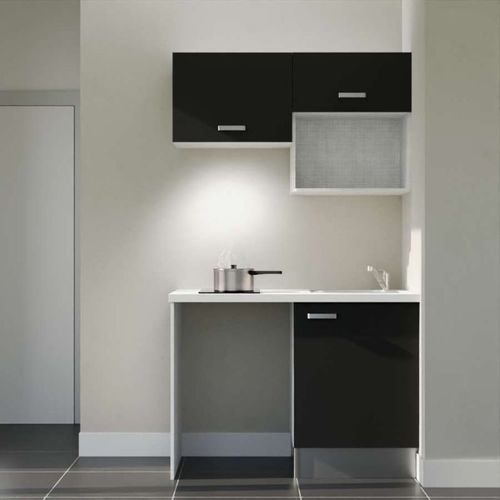 Kitchenette K02l-pt - 120 Cm Avec Plan De Travail Et Évier - Façade Noir - Plan Blanc - Evier Noir