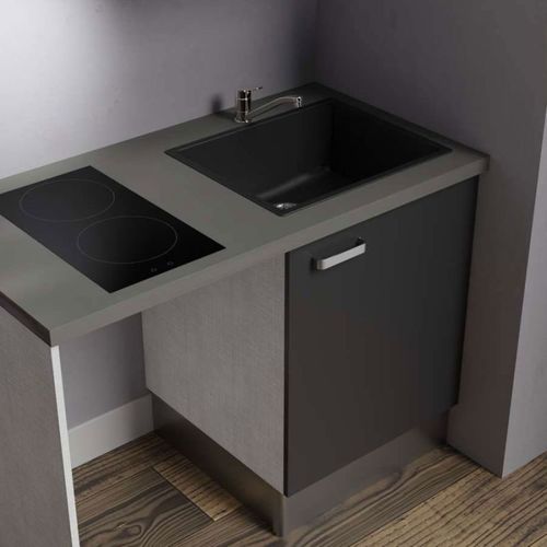 Kitchenette K02l-pt - 120 Cm Avec Plan De Travail Et Évier - Façade Noir - Plan Gris - Evier Noir