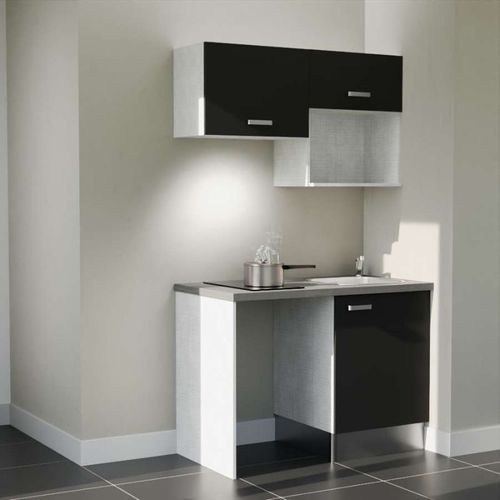 Kitchenette K02l-pt - 120 Cm Avec Plan De Travail Et Évier - Façade Noir - Plan Gris - Evier Noir